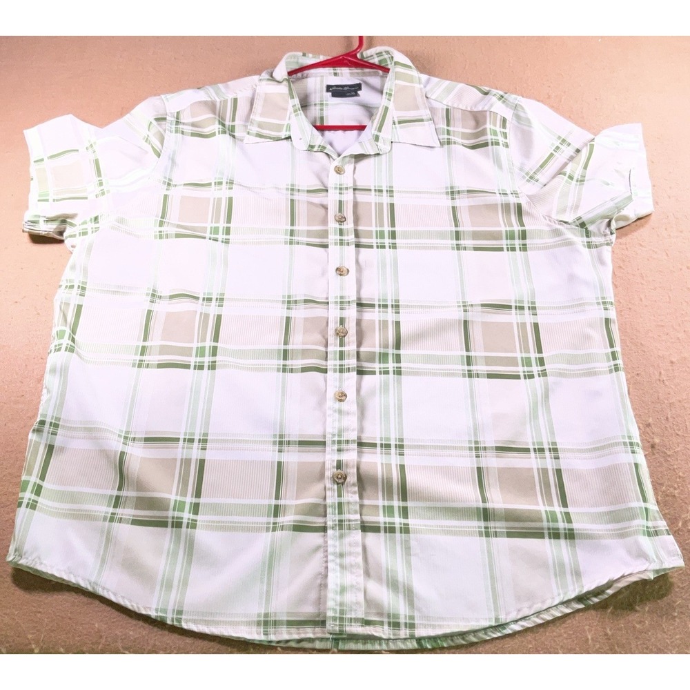 Eddie Bauer Mens XL Short Sleeve Plaid Button Up Shirt White Green EM13SW180P